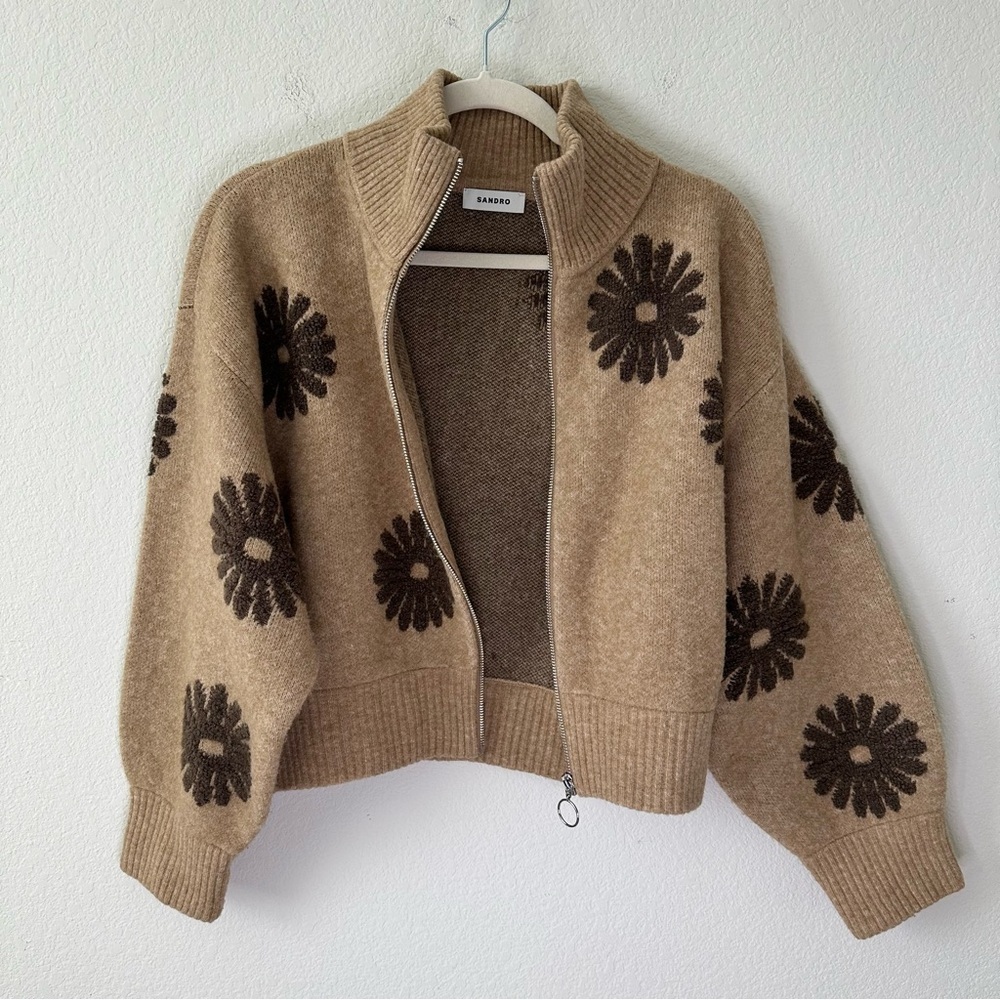Sandro Silas Wool-Blend Floral Zip-Up Trucker-Style Knit Sweater SZ 3, L - Picture 6 of 8